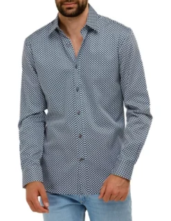 Brooksfield Abstract Print Slim Fit Dress Shirt In Navy