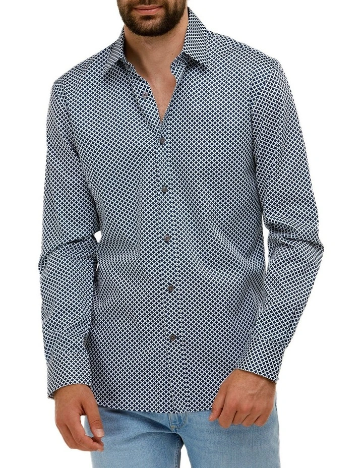 Brooksfield Abstract Print Slim Fit Dress Shirt In Navy 1 Brooksfield Abstract Print Slim Fit Dress Shirt In Navy