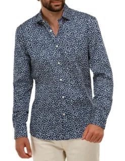 Brooksfield Floral Print Slim Fit Dress Shirt In Navy