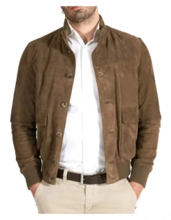 Suede Leather Button Bomber Jacket