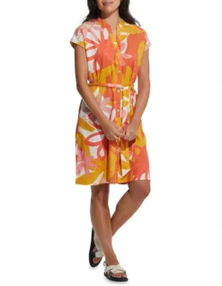 Cap Sleeve Coral Flora Dress In Coral Multi