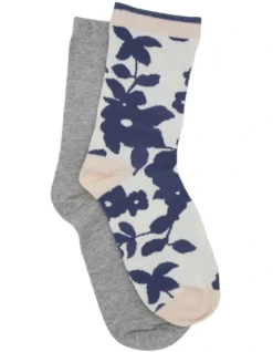 Retro Floral Crew Sock 2 Pack In Blue/Grey
