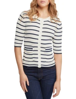 Oxford Louisa Rib Cardigan In Ivory/Navy