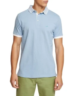 Oxford Dylan Striped Collar Pique Polo In Light Blue
