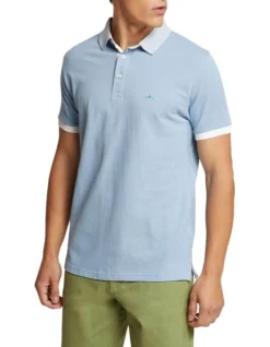 Oxford Dylan Striped Collar Pique Polo In Light Blue -Myer Clothing Shop 948168820 3 720x928