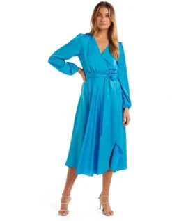 Forever New Marilyn Satin Wrap Midi Dress In Vivid Cornflower