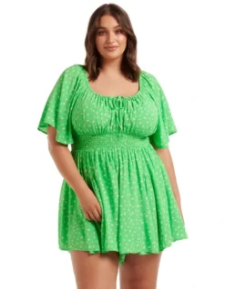 Nikita Shirred Playsuit In Green Locksley Ditsy