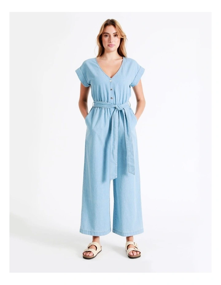 Organic Short Sleeve Chambray Jumpsuit In Mineral Blue 1 Organic Short Sleeve Chambray Jumpsuit In Mineral Blue