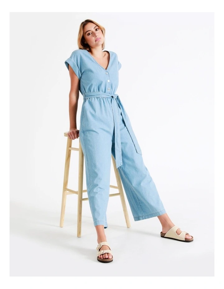 Organic Short Sleeve Chambray Jumpsuit In Mineral Blue 2 Organic Short Sleeve Chambray Jumpsuit In Mineral Blue - Image 2