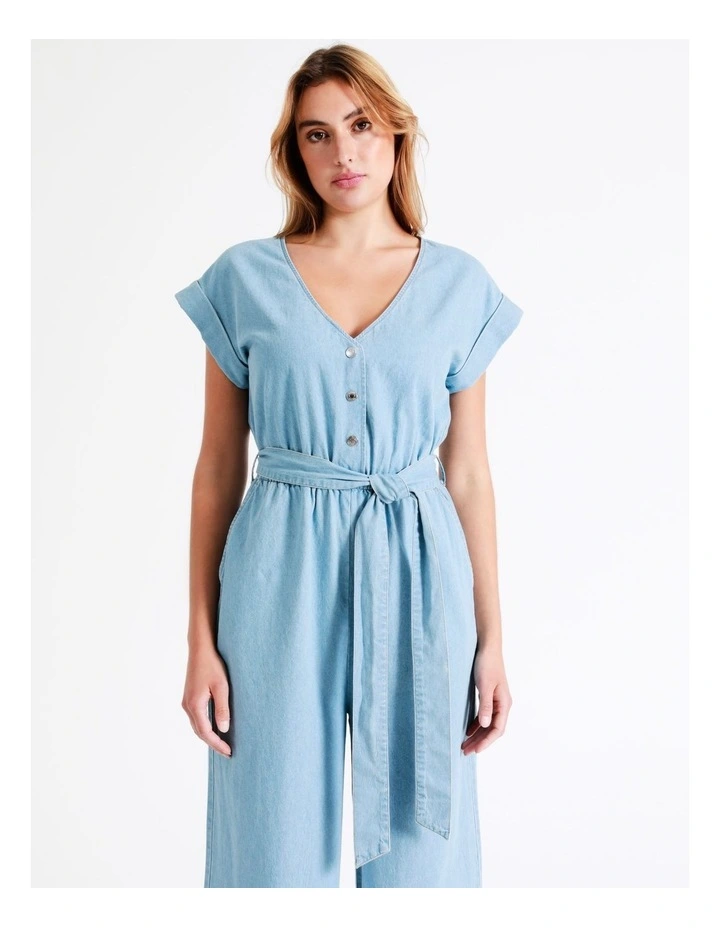 Organic Short Sleeve Chambray Jumpsuit In Mineral Blue 3 Organic Short Sleeve Chambray Jumpsuit In Mineral Blue - Image 3