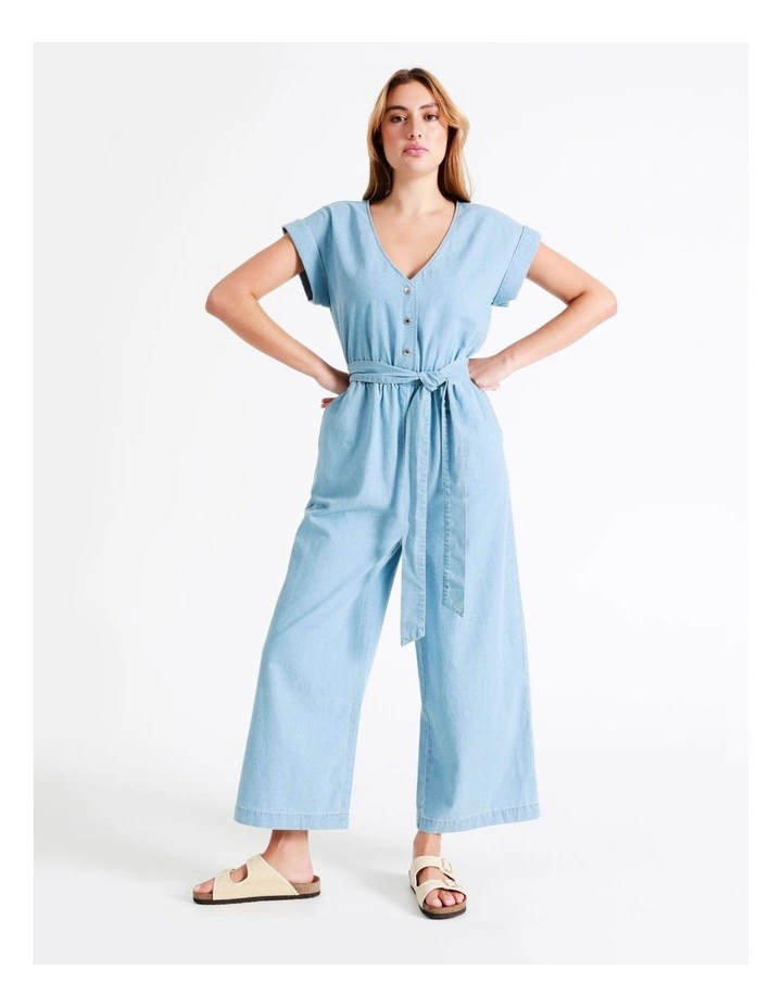 Organic Short Sleeve Chambray Jumpsuit In Mineral Blue 4 Organic Short Sleeve Chambray Jumpsuit In Mineral Blue - Image 4