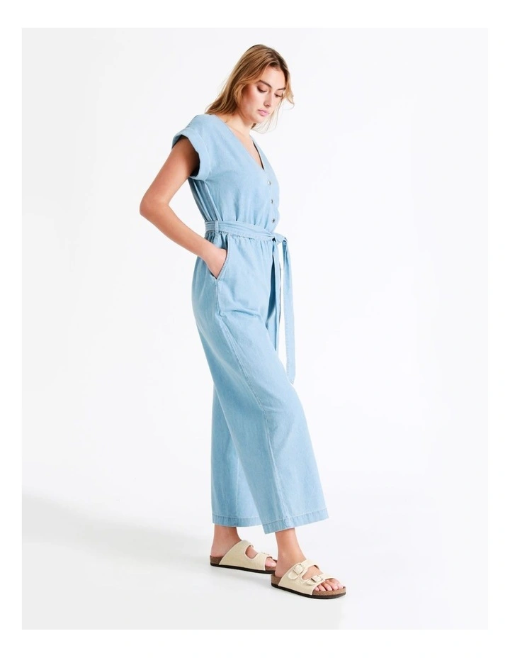 Organic Short Sleeve Chambray Jumpsuit In Mineral Blue 5 Organic Short Sleeve Chambray Jumpsuit In Mineral Blue - Image 5