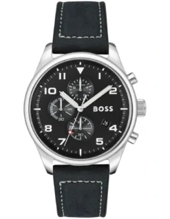 Hugo Boss View Black Leather Qtz Chrono Watch 1513987