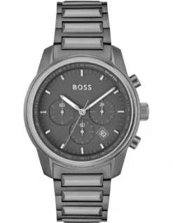 Hugo Boss Trace Grey Dial Stainless Steel Qtz Chrono Watch 1514005