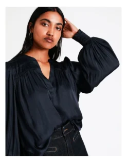 Basque Recycled Bruised Poly Satin Pintuck Top In Navy -Myer Clothing Shop 956210140 6 720x928