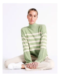 Vero Moda Happiness Long Sleeve Highneck Pullover In Green Multi
