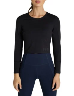 Balance Ribbed Panelled Long Sleeve Top In Black