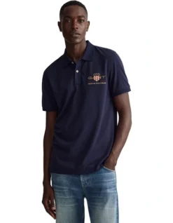 Gant Archive Shield Short Sleeve Pique Polo In Evening Blue