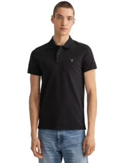 Gant Solid Fitted Pique Short Sleeve Rugger In Black
