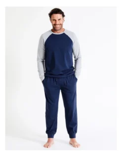 Essentials Long Sleeve Raglan Tee & Knit Jogger PJ Set In Navy