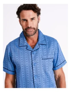 Short Sleeve Sateen Cotton PJ Set In Mid Blue/Navy -Myer Clothing Shop 963390160 5 720x928