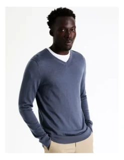 Australian Merino V-Neck Knit In Blue