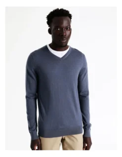 Australian Merino V-Neck Knit In Blue -Myer Clothing Shop 964244620 3 720x928