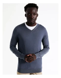 Australian Merino V-Neck Knit In Blue -Myer Clothing Shop 964244620 7 720x928