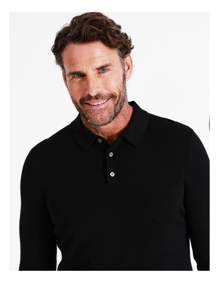 Australian Merino Knitted Long Sleeve Polo In Black 2 Australian Merino Knitted Long Sleeve Polo In Black - Image 2
