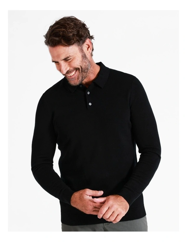 Australian Merino Knitted Long Sleeve Polo In Black 7 Australian Merino Knitted Long Sleeve Polo In Black - Image 7
