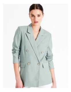 European Linen Blend Double Breasted Blazer In Sage