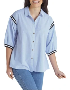 Elbow Stripe Trim Top In Blue Multi