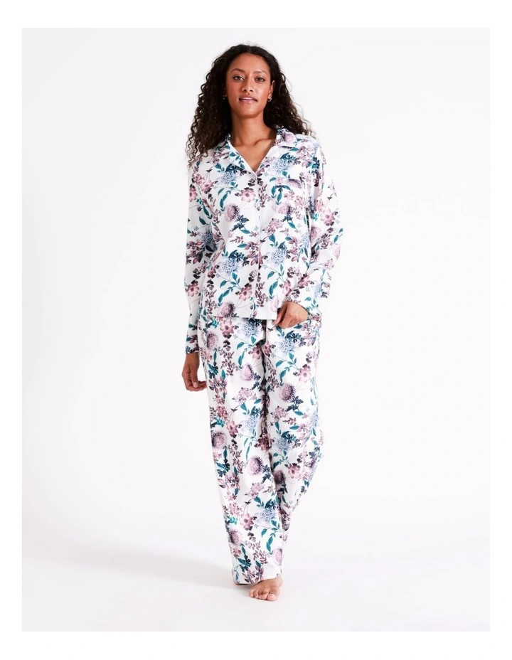 SOHO Twill Flannelette Pyjama Set In White Floral 2 SOHO Twill Flannelette Pyjama Set In White Floral - Image 2