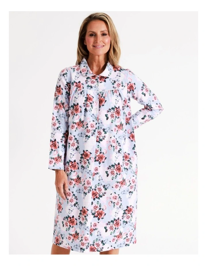 SOHO Timeless Flannelette Mid Length Nightie In Blue Roses 1 SOHO Timeless Flannelette Mid Length Nightie In Blue Roses