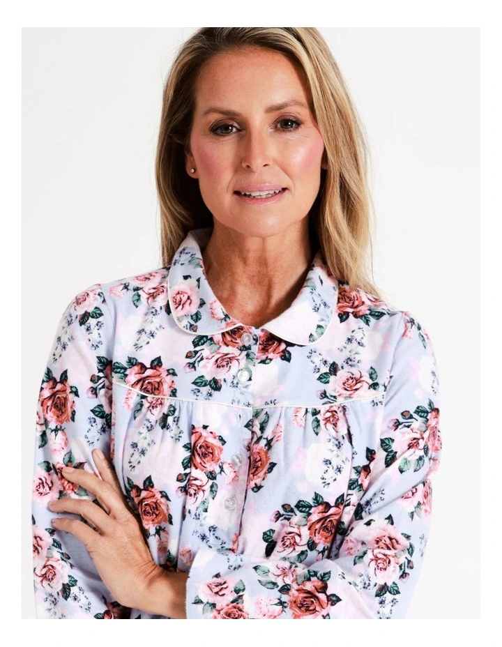 SOHO Timeless Flannelette Mid Length Nightie In Blue Roses 2 SOHO Timeless Flannelette Mid Length Nightie In Blue Roses - Image 2