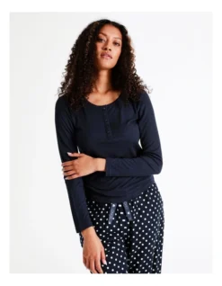 SOHO Henley Rib Long Sleeve Top In Navy