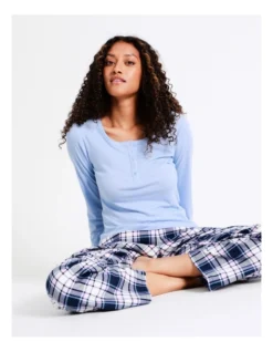 SOHO Henley Rib Long Sleeve Top In Blue