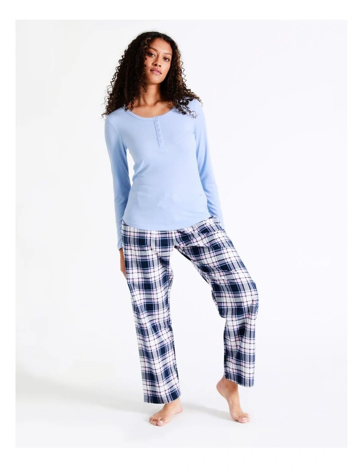 SOHO Henley Rib Long Sleeve Top In Blue 2 SOHO Henley Rib Long Sleeve Top In Blue - Image 2