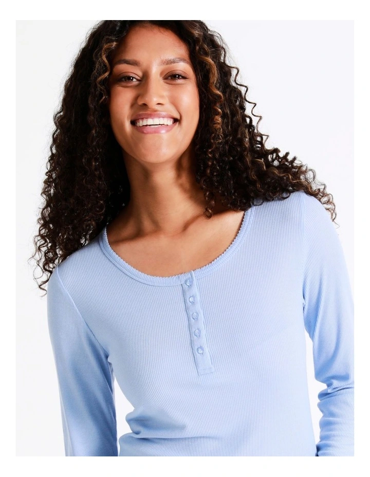 SOHO Henley Rib Long Sleeve Top In Blue 4 SOHO Henley Rib Long Sleeve Top In Blue - Image 4