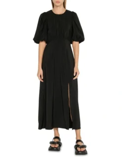 Modern Crinkle Puff Sleeve Dress In Black