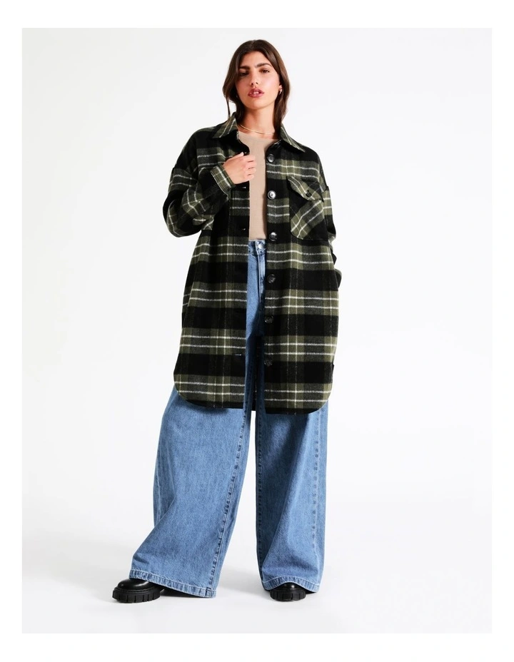 Longline Check Shacket In Khaki Multi 1 Longline Check Shacket In Khaki Multi