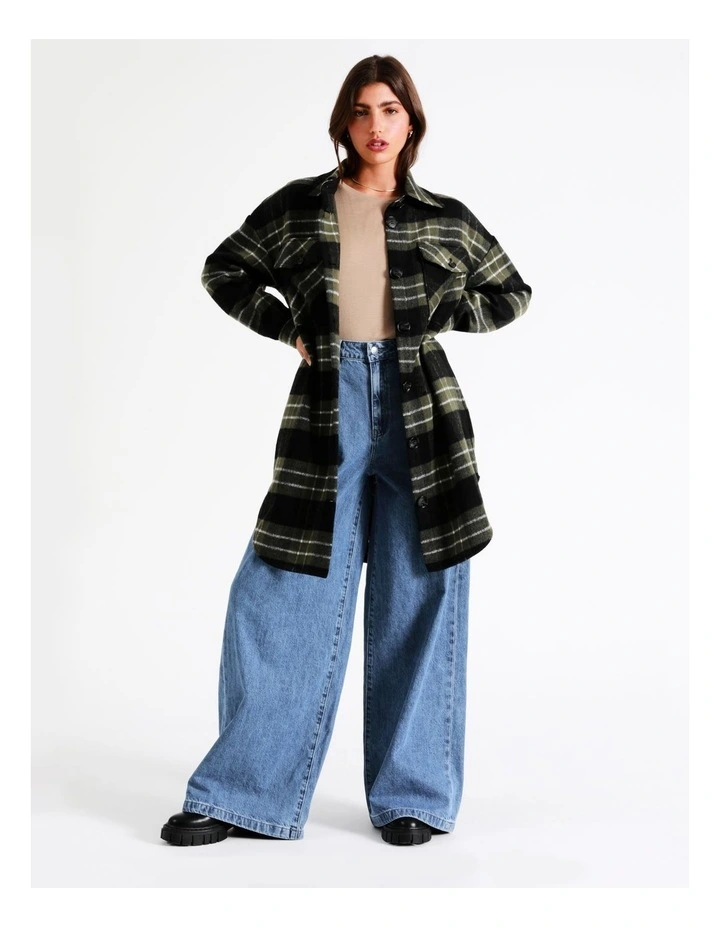 Longline Check Shacket In Khaki Multi 7 Longline Check Shacket In Khaki Multi - Image 7