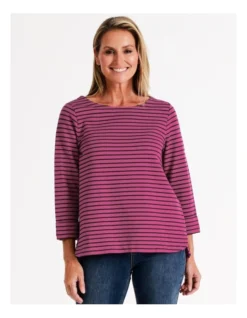 Regatta Organic Cotton 3/4 Sleeve Tee With Cuff In Magenta/Khaki Stripe