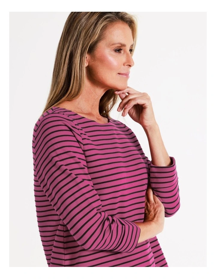 Regatta Organic Cotton 3/4 Sleeve Tee With Cuff In Magenta/Khaki Stripe 2 Regatta Organic Cotton 3/4 Sleeve Tee With Cuff In Magenta/Khaki Stripe - Image 2