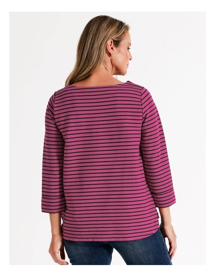 Regatta Organic Cotton 3/4 Sleeve Tee With Cuff In Magenta/Khaki Stripe 6 Regatta Organic Cotton 3/4 Sleeve Tee With Cuff In Magenta/Khaki Stripe - Image 6