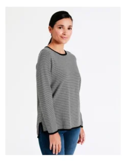 Regatta Organic Cotton Blend Stripe Jumper With Side Splits In Black/Ivory Stripe