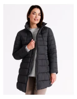 Regatta Recycled Polyester Long Line Straight Quilted Jacket With Fold Away Hood In Charcoal