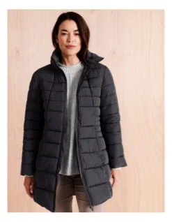 Regatta Recycled Polyester Long Line Straight Quilted Jacket With Fold Away Hood In Charcoal -Myer Clothing Shop 967338010 3 720x928