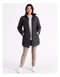Regatta Recycled Polyester Long Line Straight Quilted Jacket With Fold Away Hood In Charcoal -Myer Clothing Shop 967338010 7 720x928