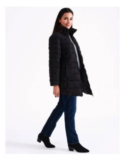 Regatta Recycled Polyester Long Line Straight Quilted Jacket With Fold Away Hood In Black
